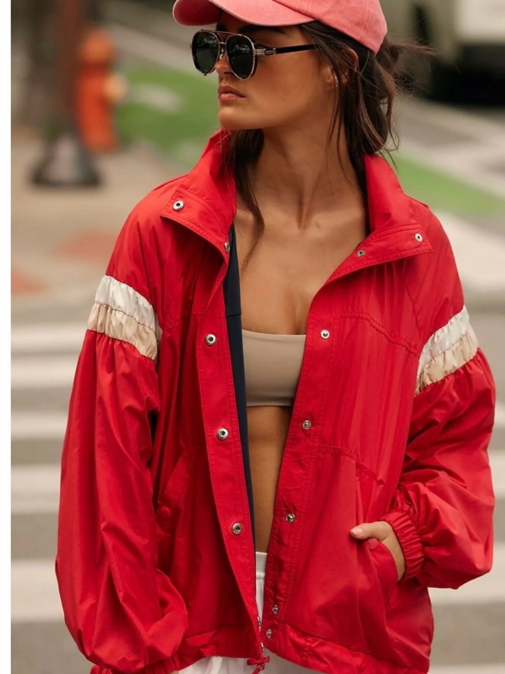 FP Movement by Free People Red Bomber Jacket with White Stripe Detail